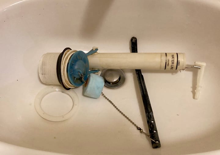A toilet flapper, flush valve, tank seal and float arm laid out after removal