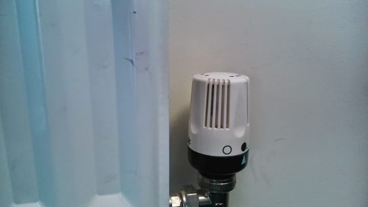 A white thermostatic radiator valve head with a black collar, fitted to a chrome valve body at the bottom corner of a white panel radiator.